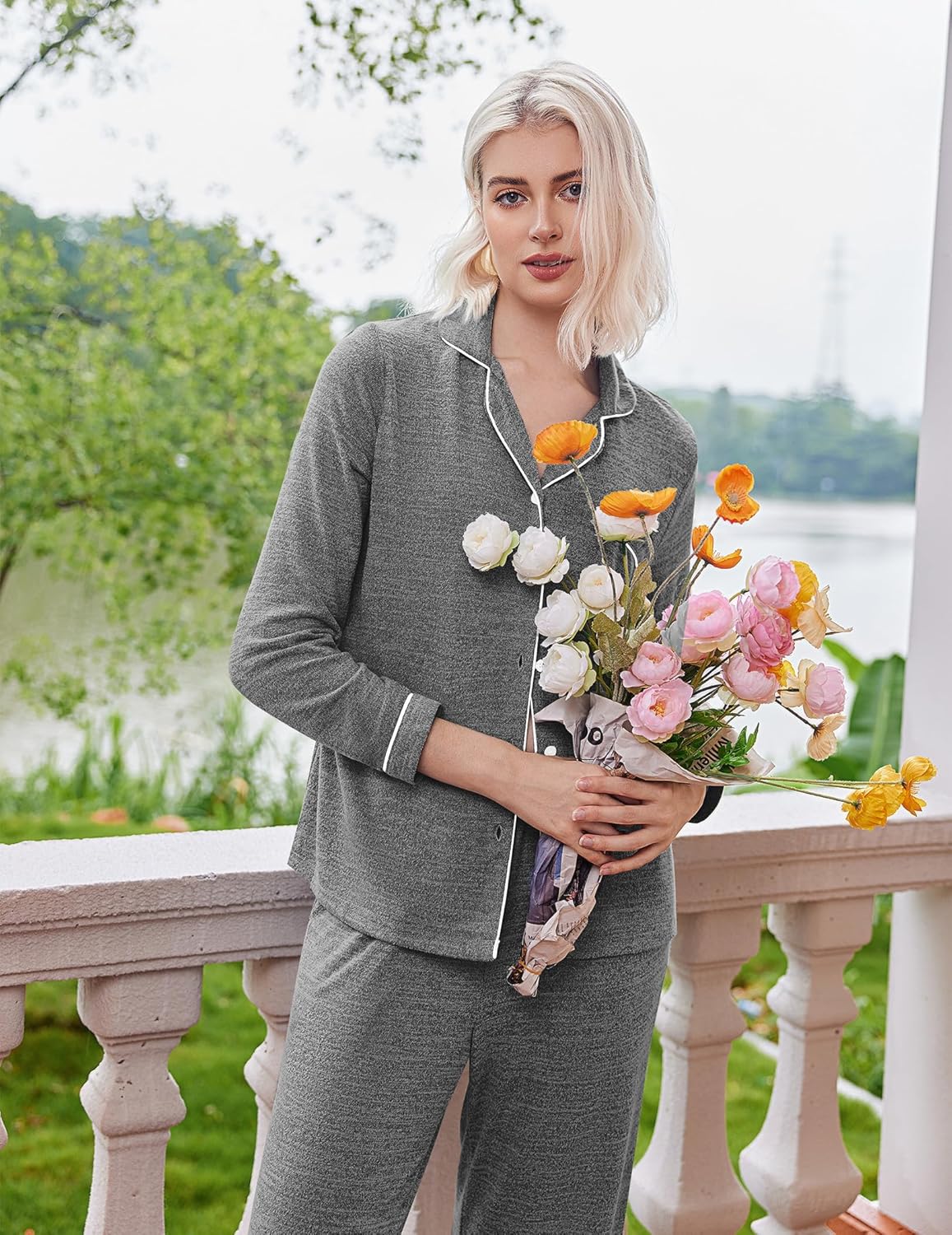Women’s pajama set in light gray melange, long sleeves with button front and pants