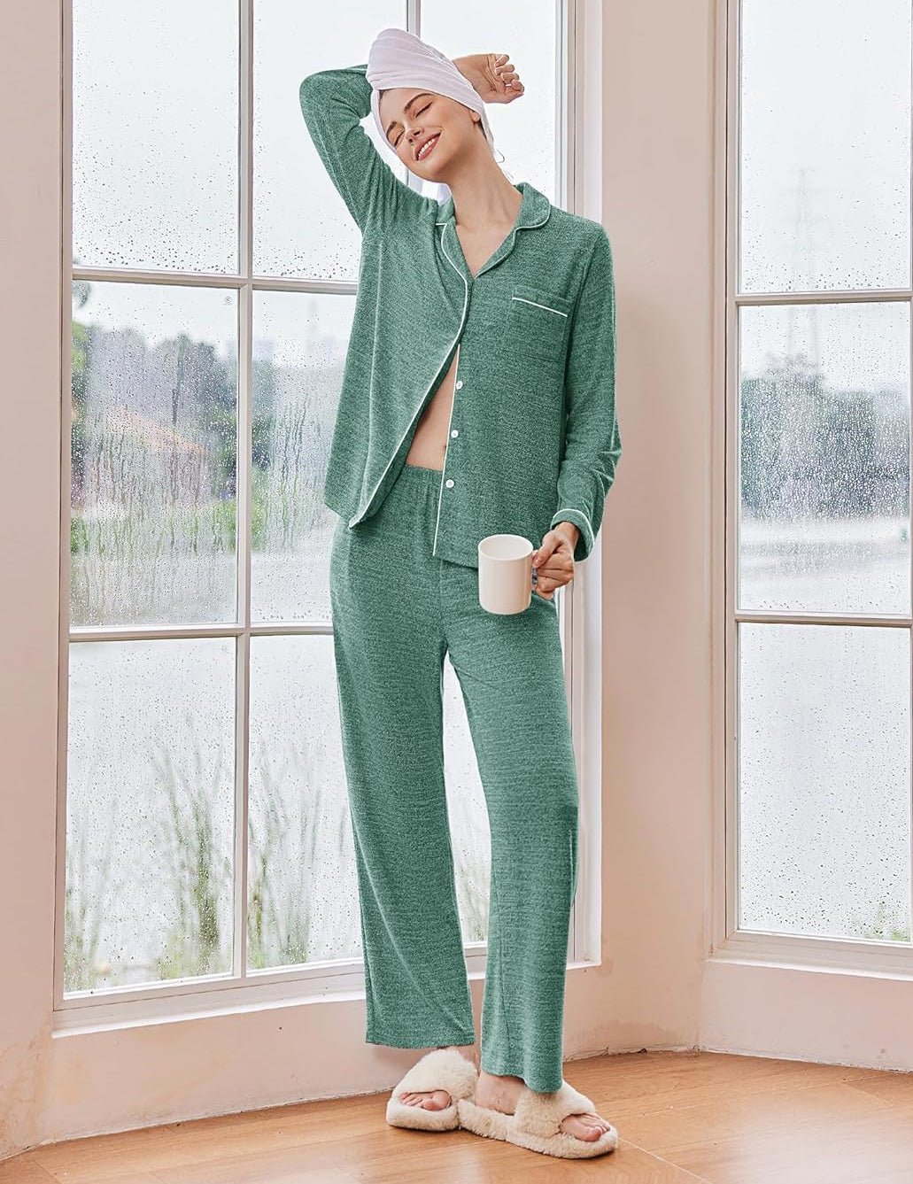 Green melange women’s pajama set with long sleeves, notch collar, button front