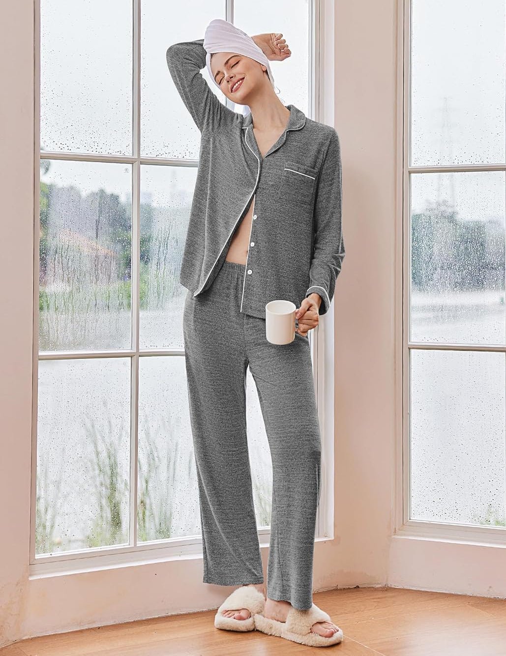 Women’s long-sleeve button pajama set, heather gray, notch collar and matching pants