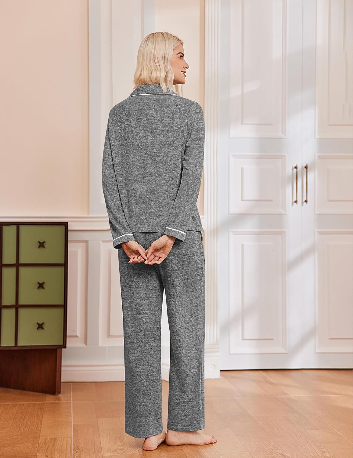 Women’s long-sleeve pajama set in heather gray, button top and wide-leg pants (back)