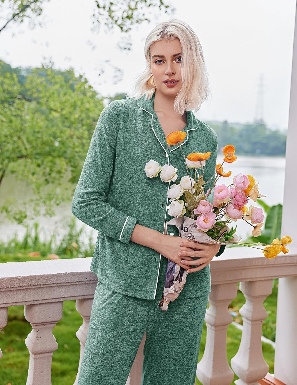 Women’s long-sleeve pajama set in green melange, button front and matching pants