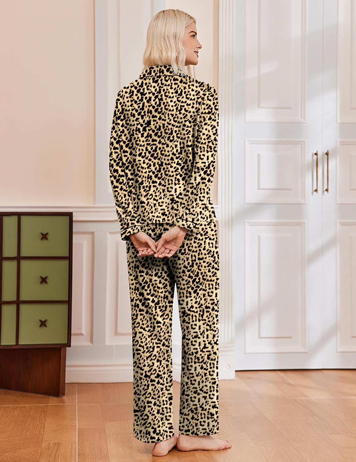 Leopard camel-black pajama set for women, long sleeves and pants, back view
