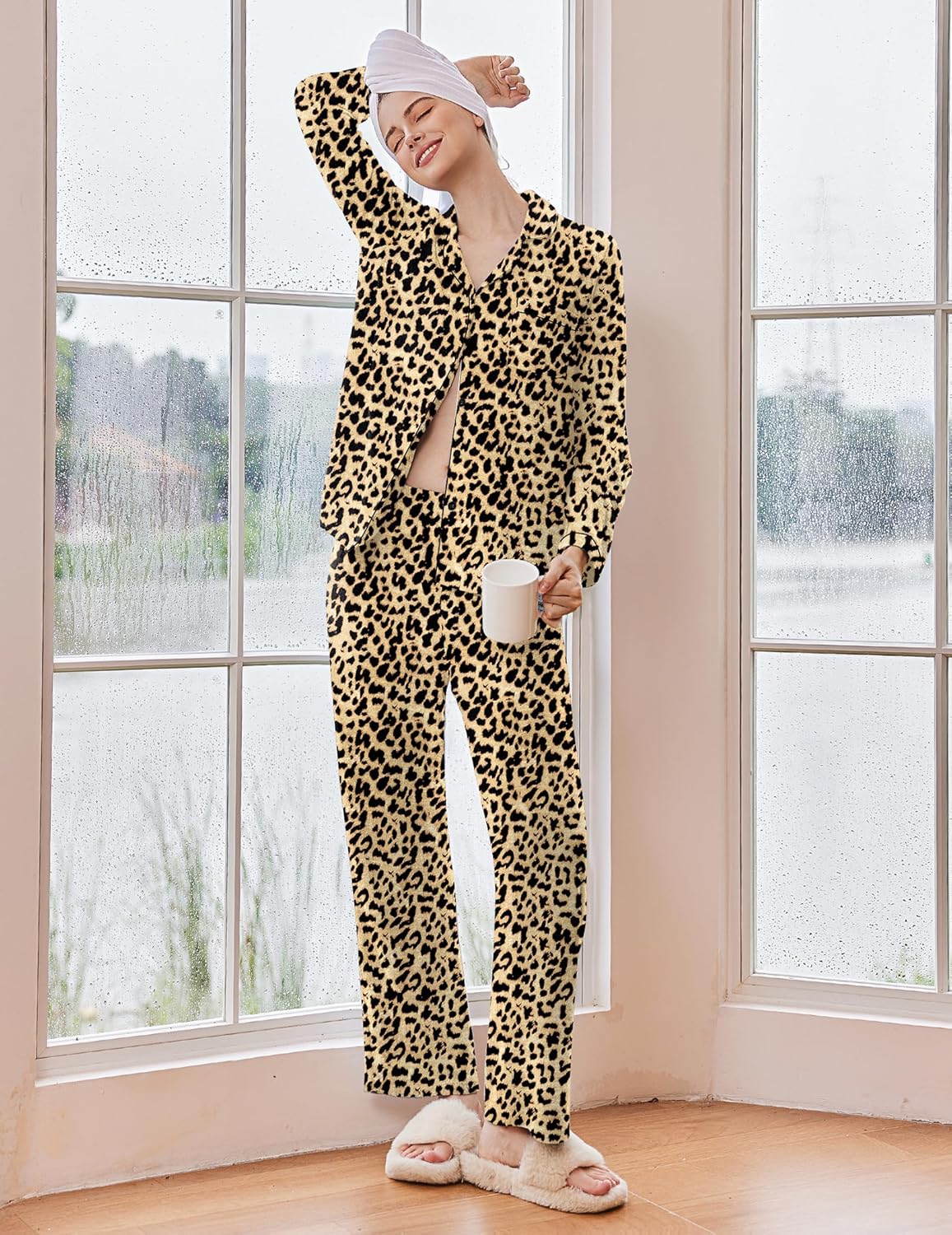 Women’s pajama set in leopard print camel and black, long sleeves and wide-leg pants