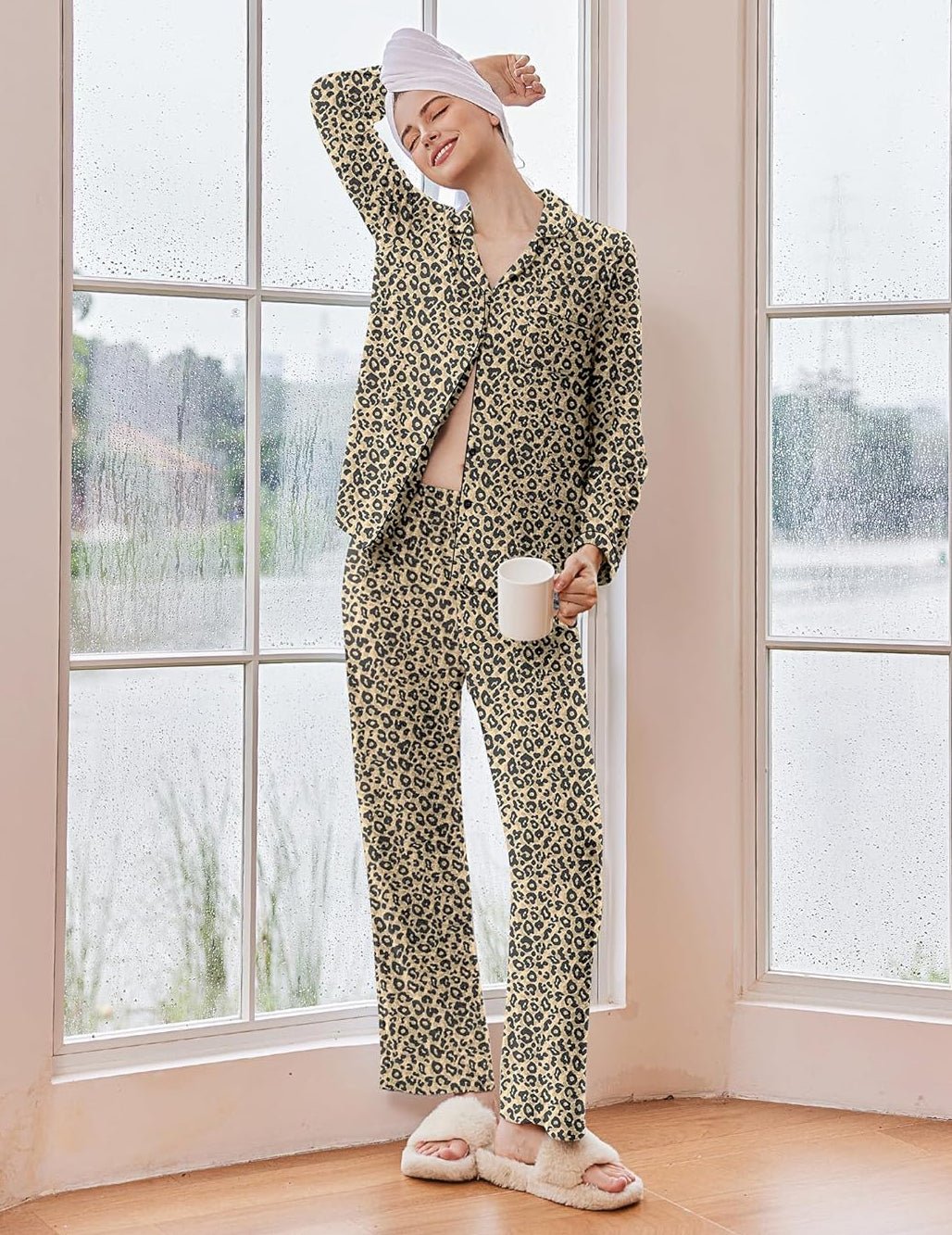 Camel leopard pajama set, long-sleeve button top and relaxed wide-leg trousers