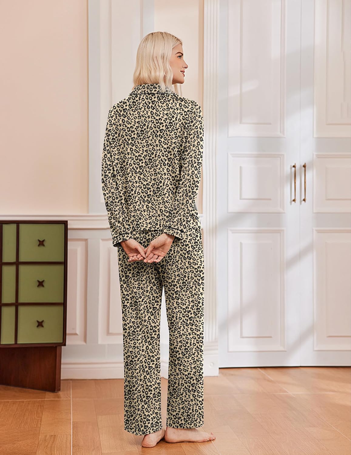 Leopard print pajama set, back view of button-down top and wide-leg pants