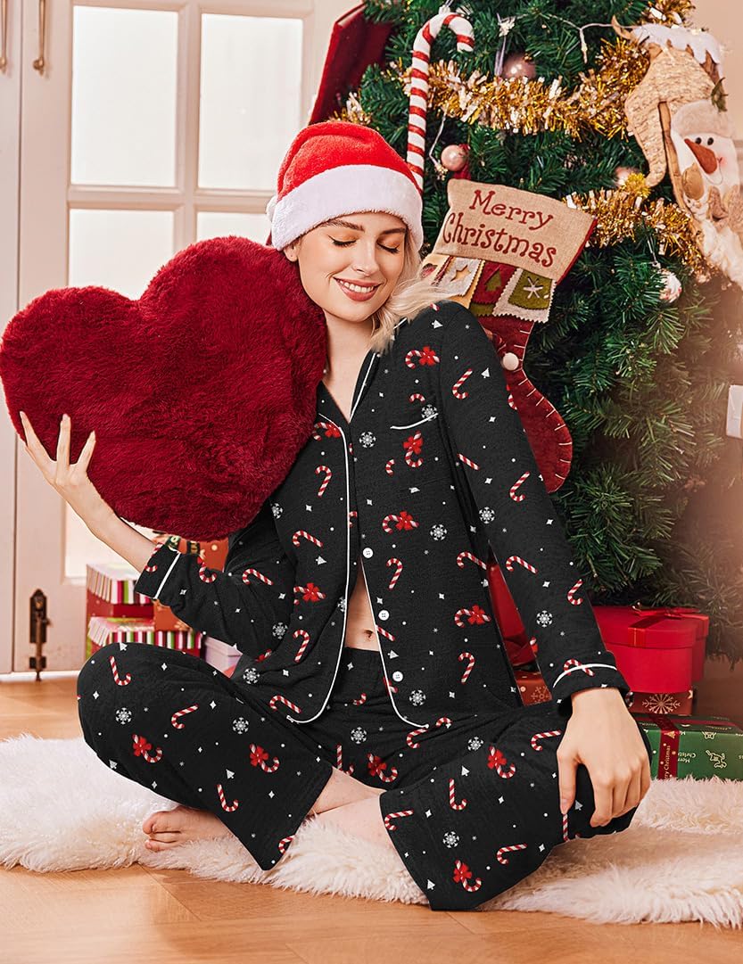 Black holiday pajama set with long sleeves, button-front, and candy-cane print