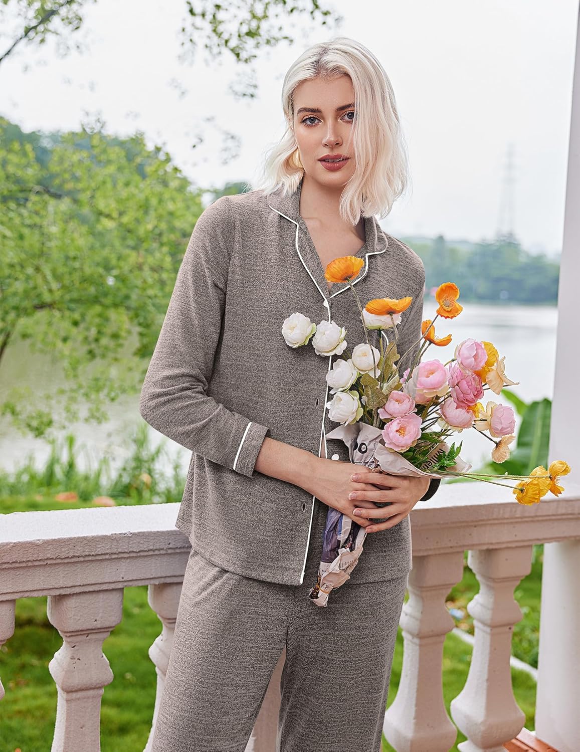 Heather gray pajama set with long sleeve button-down top and matching pants
