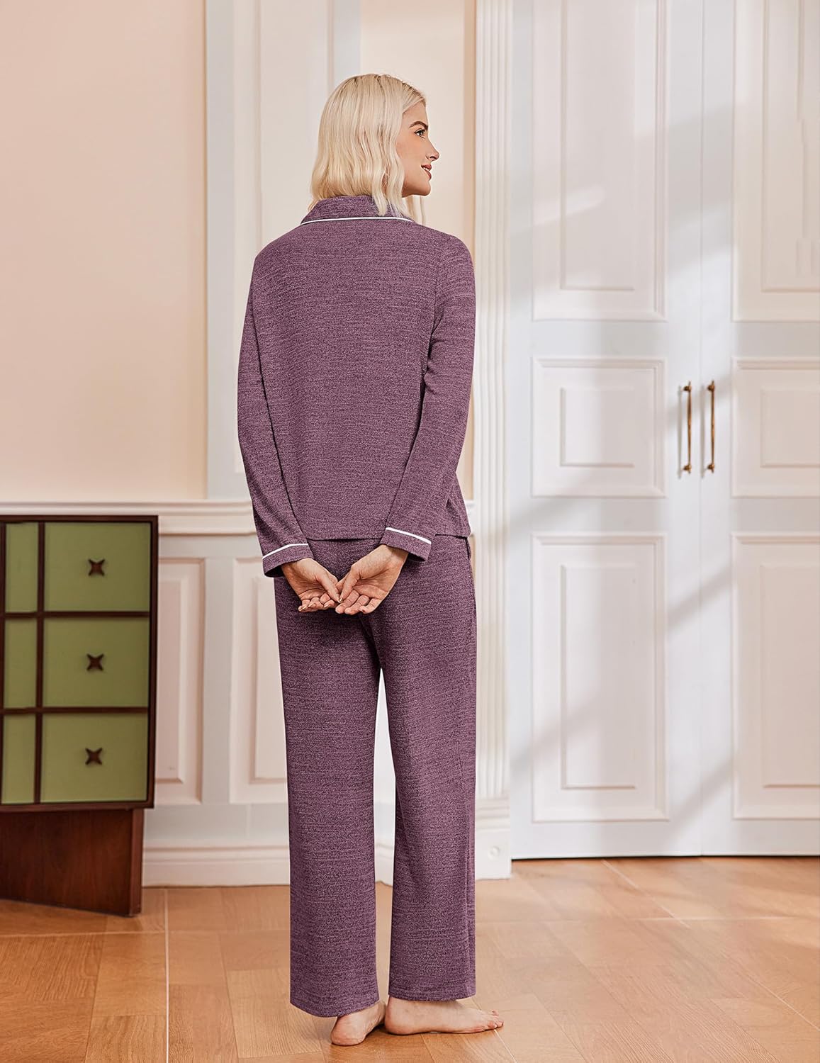 Wine purple pajama set, long-sleeve button-down top and wide-leg pants