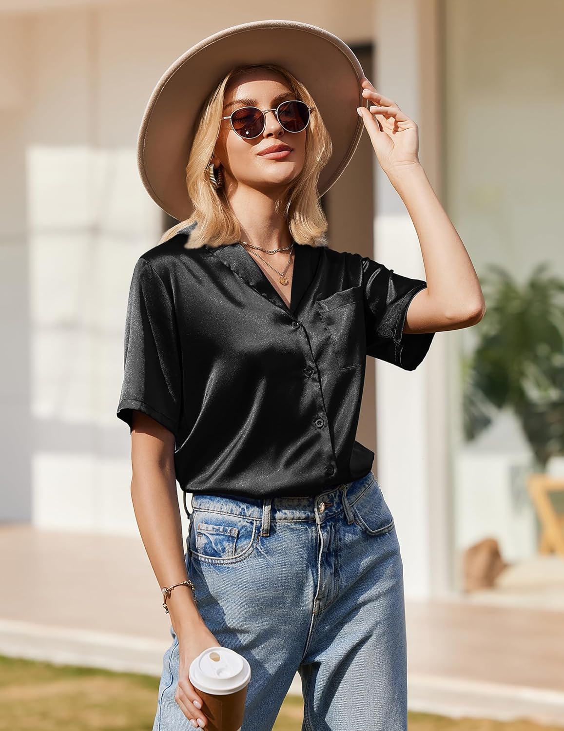 Women’s satin silk pajama top in black, short sleeves, V-neck button placket