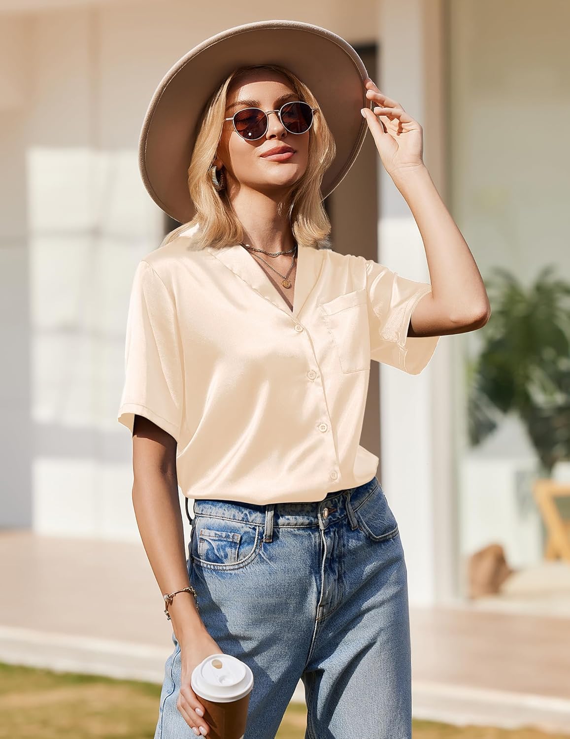 Ekouaer silk pajama shirt, short-sleeve V-neck button-front, light cream