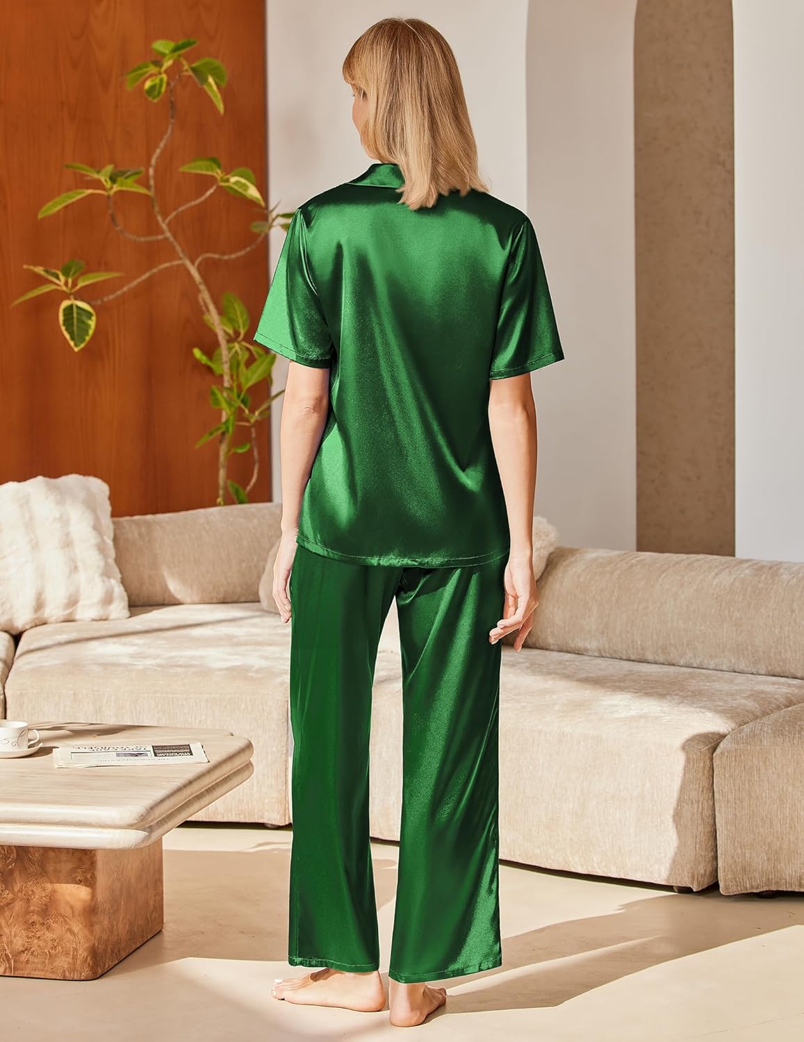 Women's silk pajama set in green, short-sleeve top and wide-leg long pants