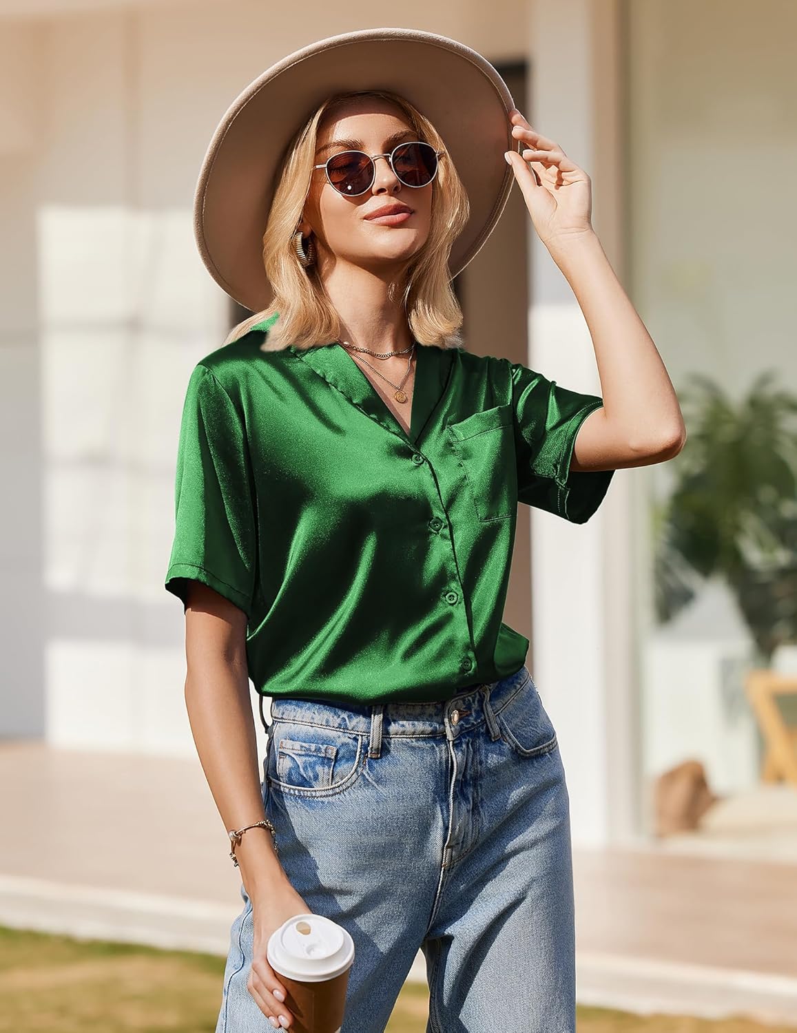 Women's silk pajama top in green, short sleeves with button V-neck