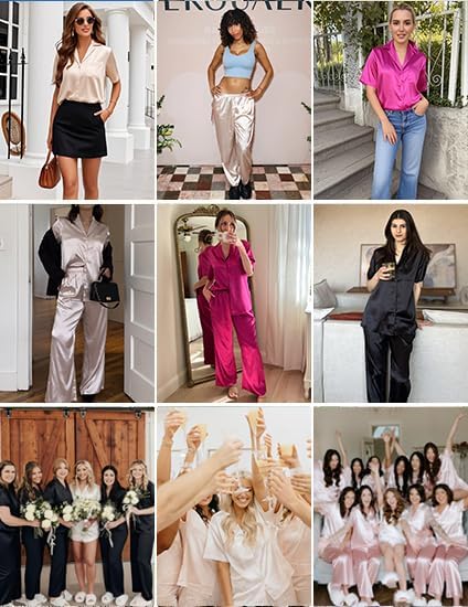 Women's silk pajama set collage, short-sleeve tops with long pants, assorted colors