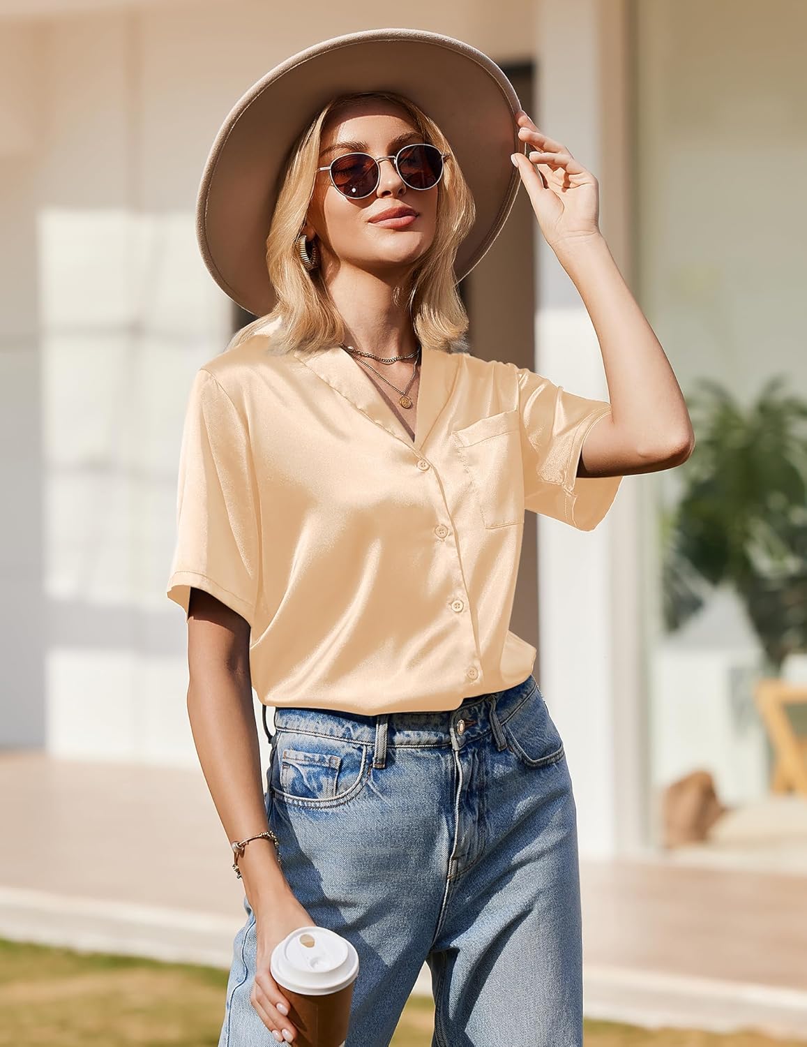 Women’s satin silk pajama top in champagne, short sleeves, V-neck with button placket