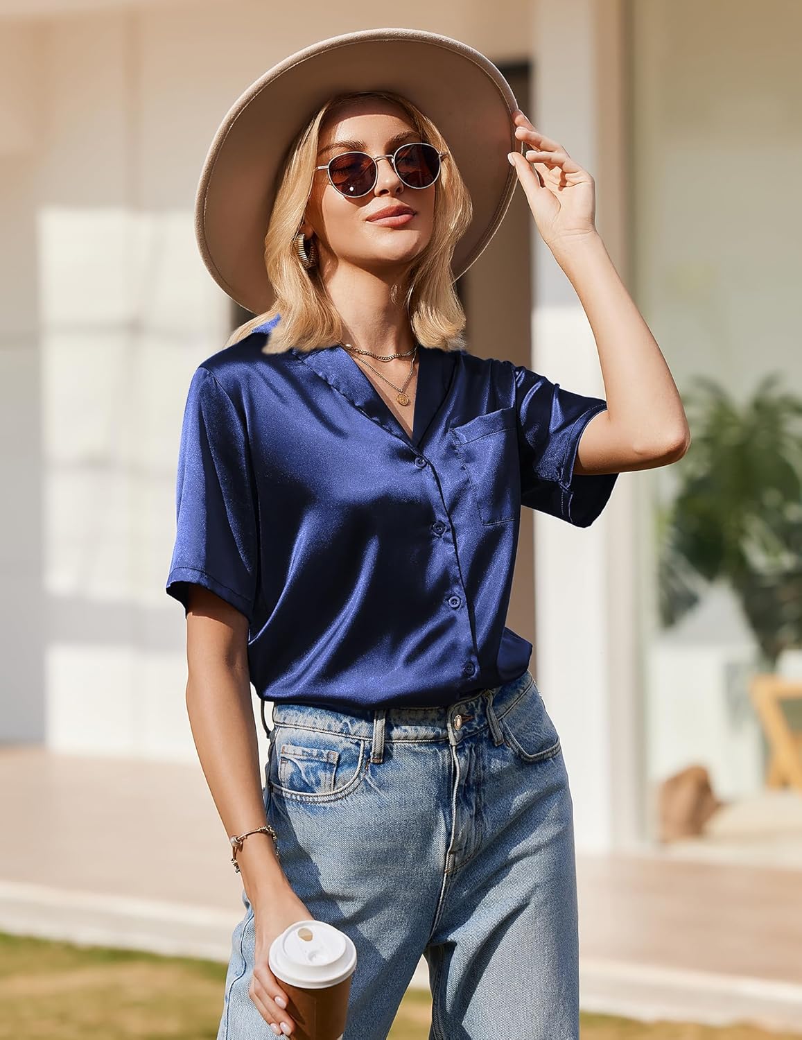 Women's silk pajama top in navy blue, short sleeves with button V-neck