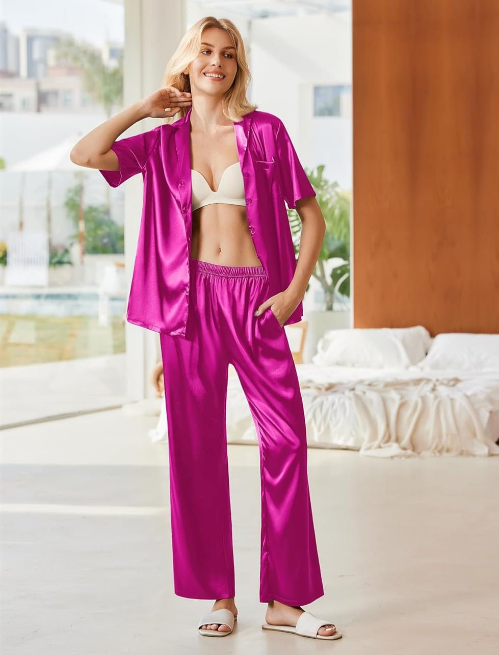 Women’s silk pajama set in rose pink, short-sleeve button V-neck top with long pants