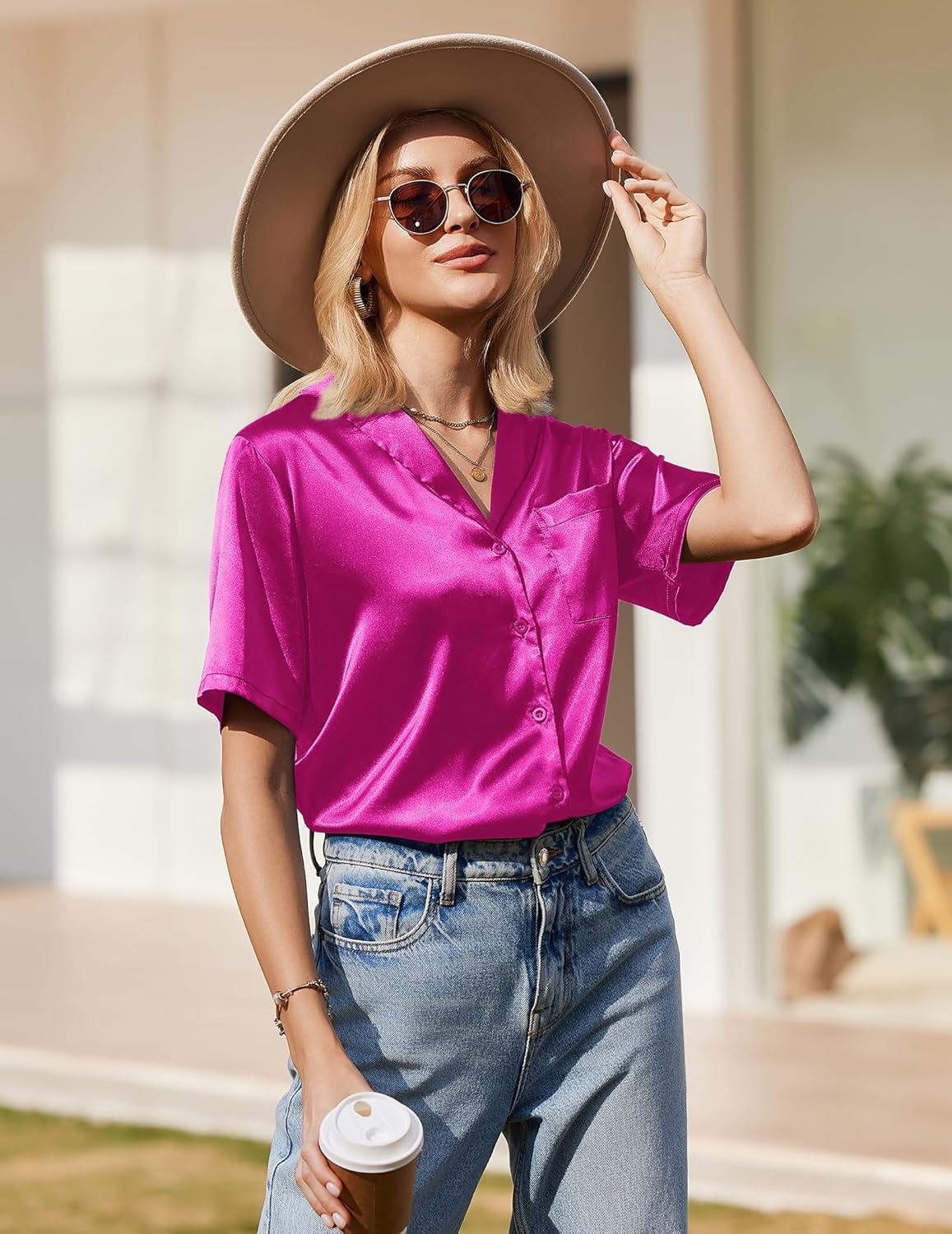 Women’s satin silk pajama top in rose pink, short sleeves, V-neck button placket