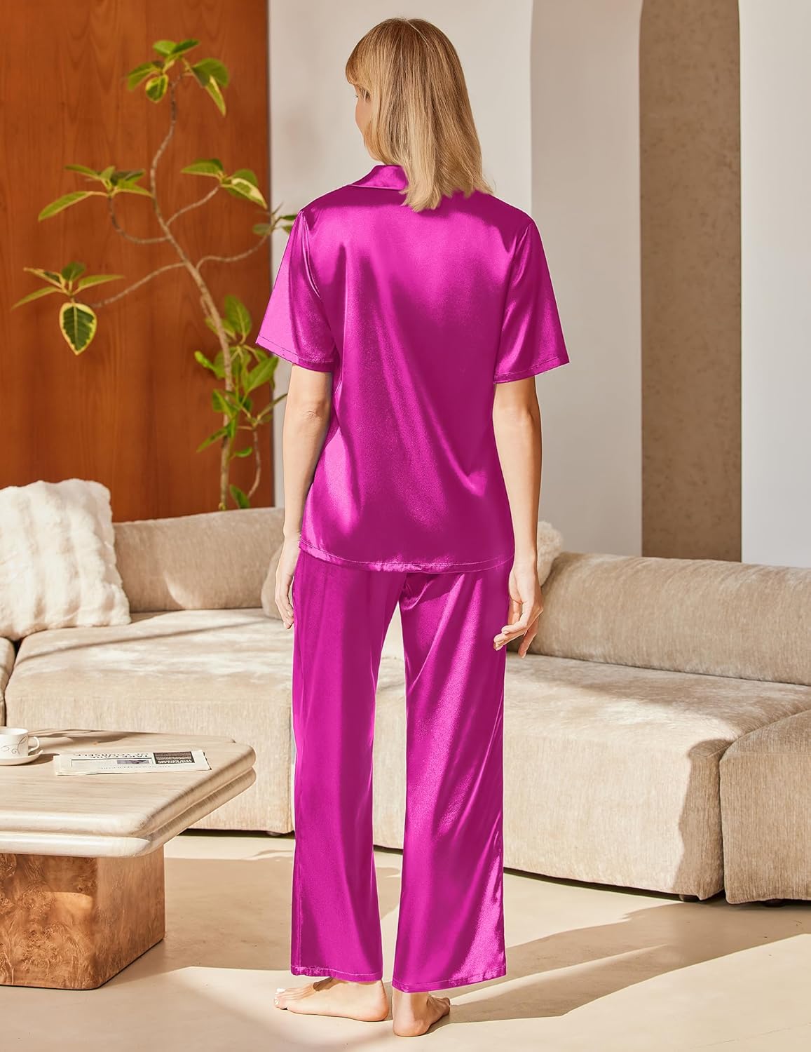 Women’s silk pajama set in rose pink, short-sleeve top with long straight-leg pants, back view