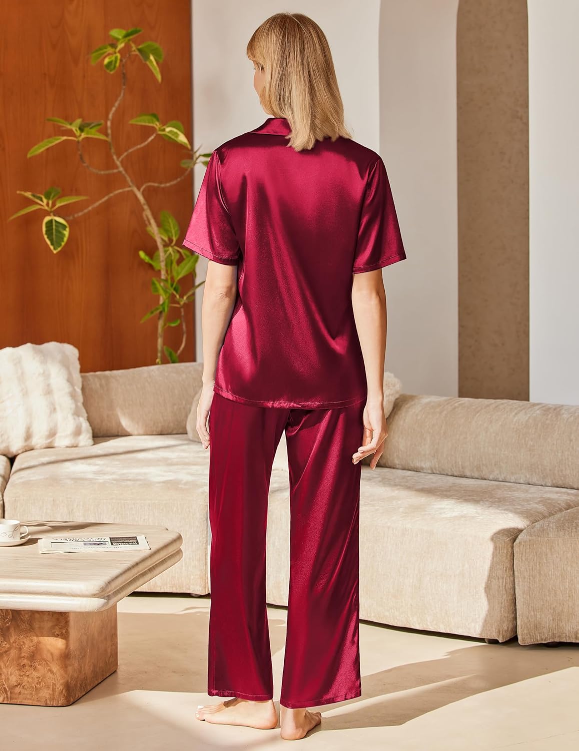 Women's silk pajama set in wine red, short-sleeve top and wide-leg long pants