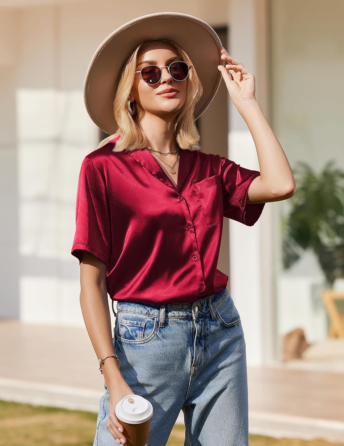 Women's silk pajama top in wine red, short sleeves with button V-neck
