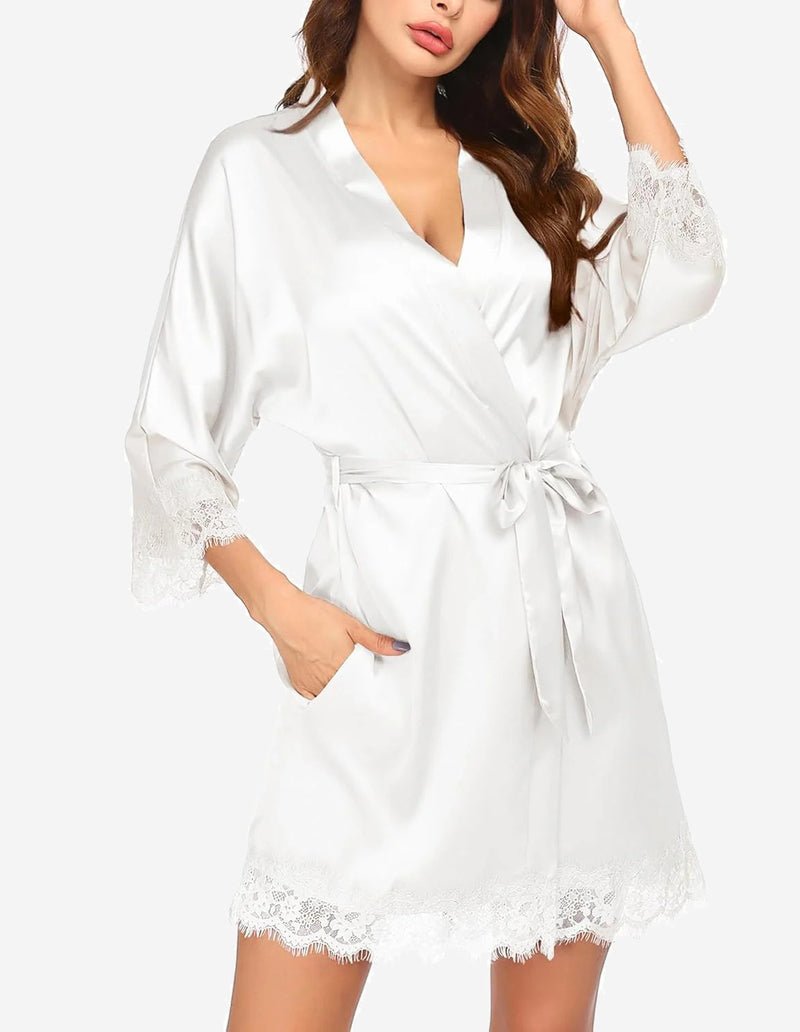 Ekouaer Women's Silk Robe Short Lace Trim Satin Kimono 3/4 Sleeve Sleepwear