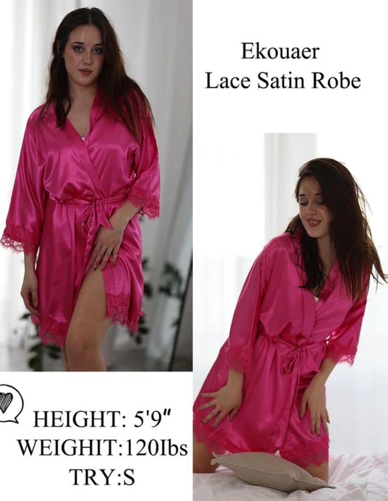 Ekouaer Women's Silk Robe Short Lace Trim Satin Kimono 3/4 Sleeve Sleepwear