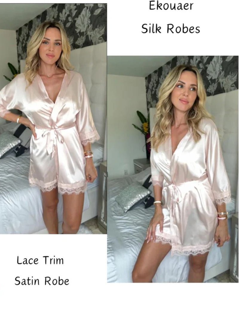 Ekouaer Women's Silk Robe Short Lace Trim Satin Kimono 3/4 Sleeve Sleepwear