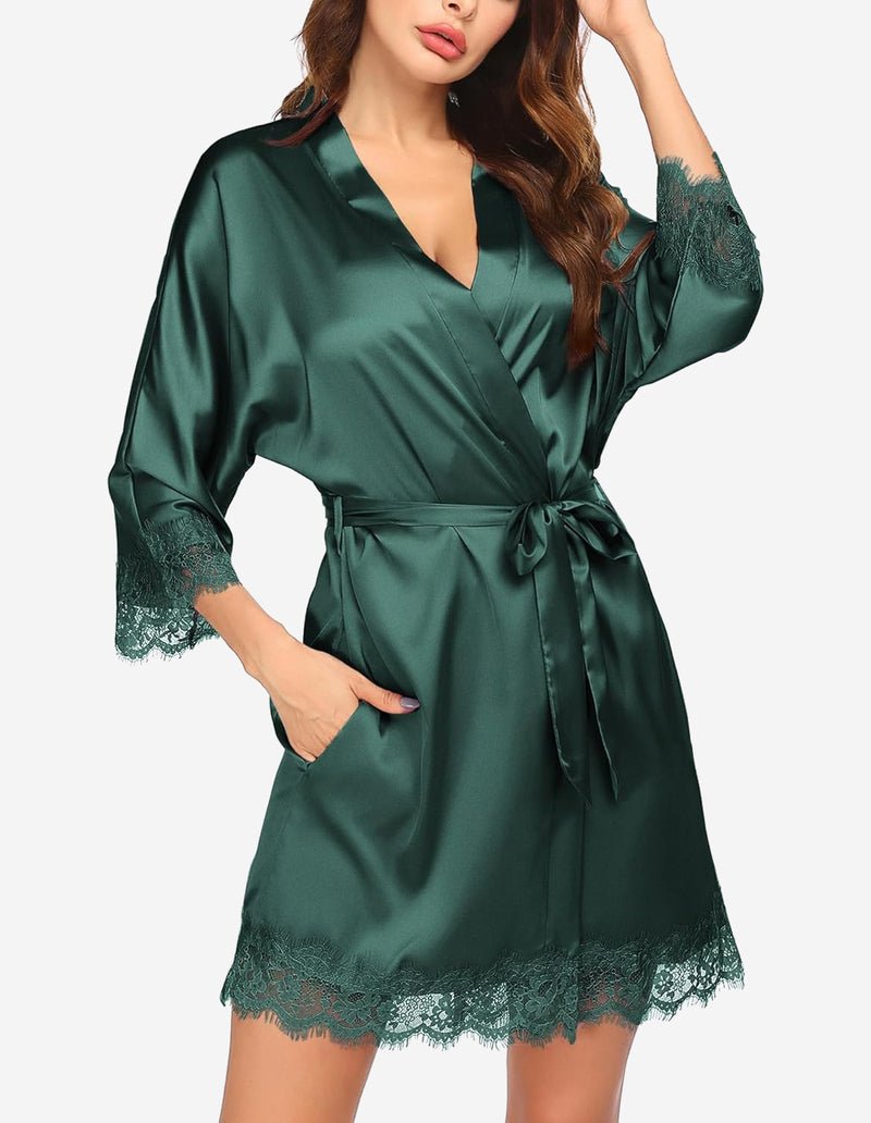 Ekouaer Women's Silk Robe Short Lace Trim Satin Kimono 3/4 Sleeve Sleepwear