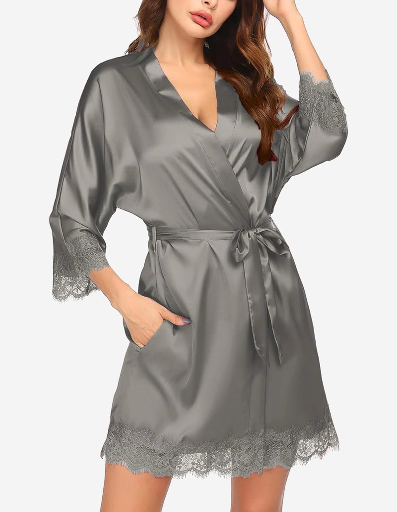 Ekouaer Women's Silk Robe Short Lace Trim Satin Kimono 3/4 Sleeve Sleepwear