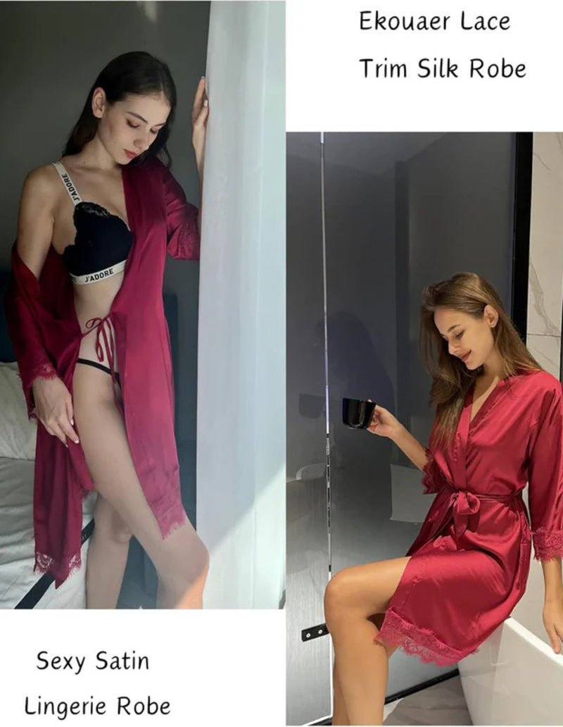 Ekouaer Women's Silk Robe Short Lace Trim Satin Kimono 3/4 Sleeve Sleepwear