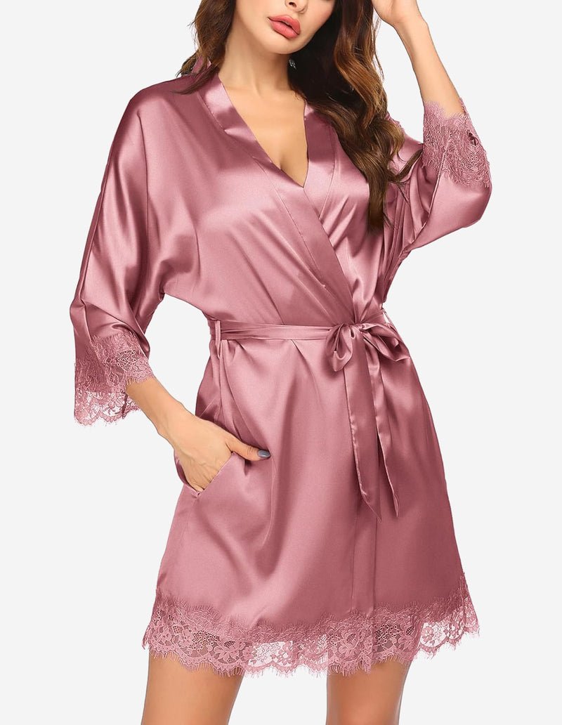 Ekouaer Women's Silk Robe Short Lace Trim Satin Kimono 3/4 Sleeve Sleepwear