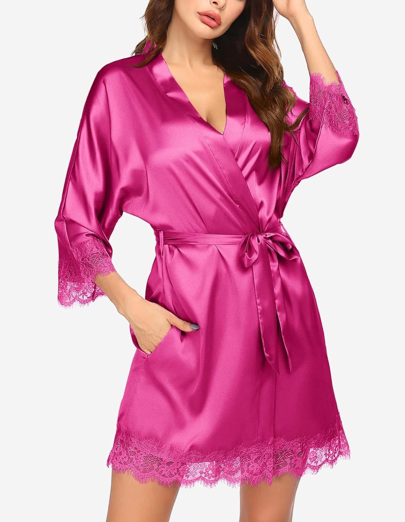 Ekouaer Women's Silk Robe Short Lace Trim Satin Kimono 3/4 Sleeve Sleepwear