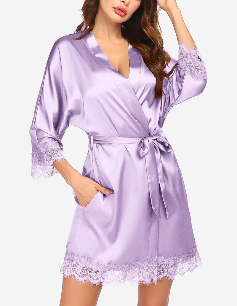 Ekouaer Women's Silk Robe Short Lace Trim Satin Kimono 3/4 Sleeve Sleepwear