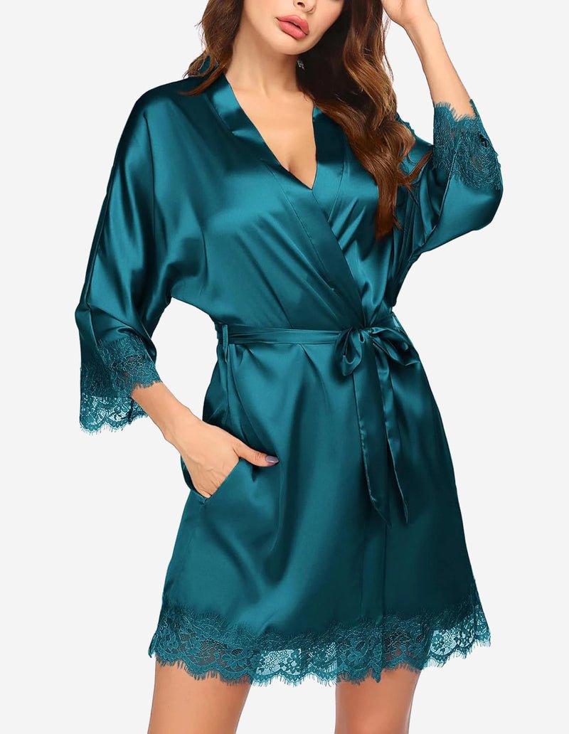 Ekouaer Women's Silk Robe Short Lace Trim Satin Kimono 3/4 Sleeve Sleepwear