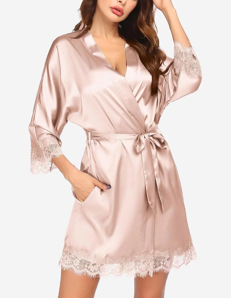 Ekouaer Women's Silk Robe Short Lace Trim Satin Kimono 3/4 Sleeve Sleepwear
