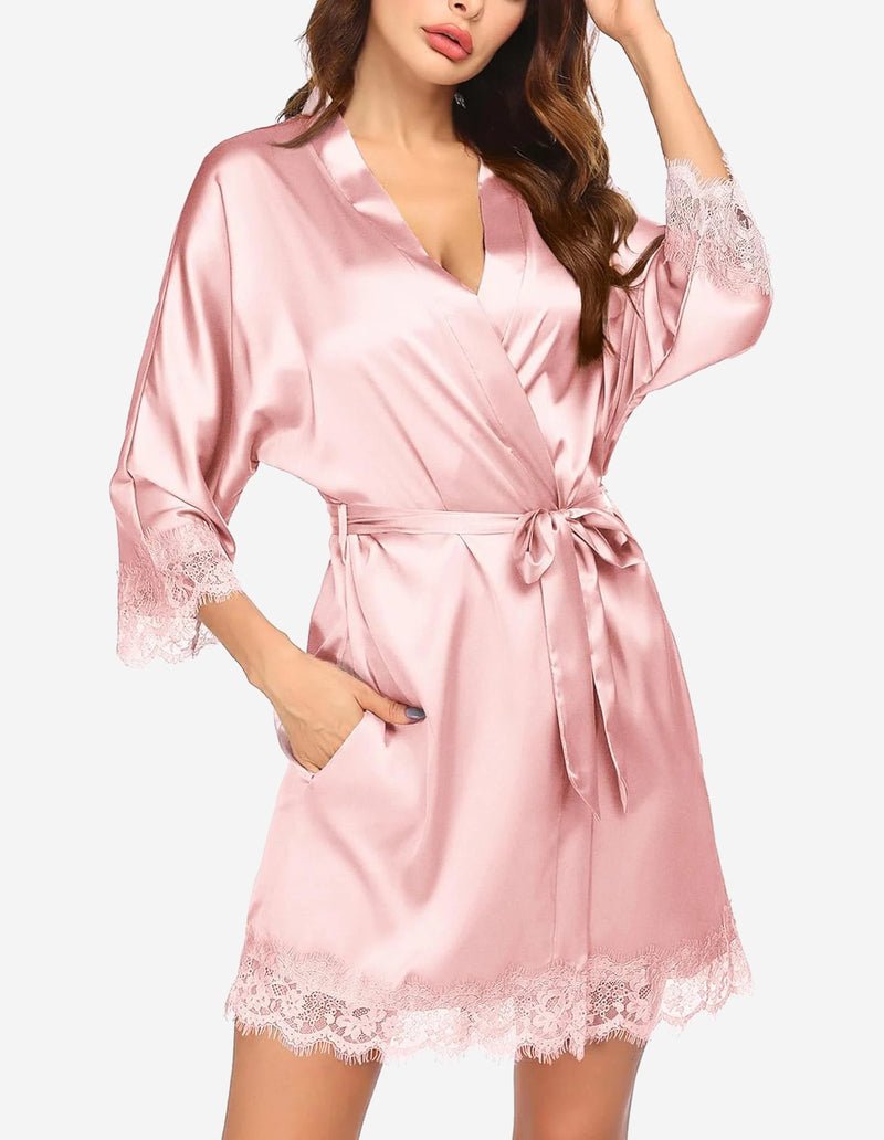 Ekouaer Women's Silk Robe Short Lace Trim Satin Kimono 3/4 Sleeve Sleepwear