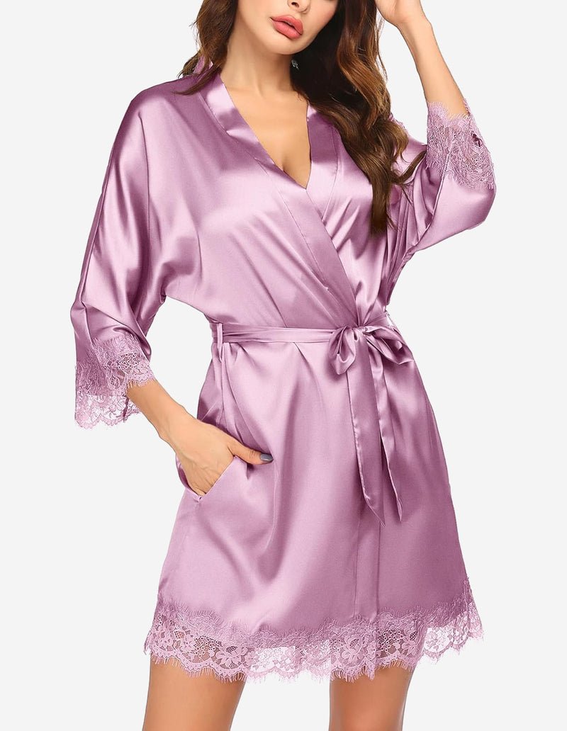 Ekouaer Women's Silk Robe Short Lace Trim Satin Kimono 3/4 Sleeve Sleepwear