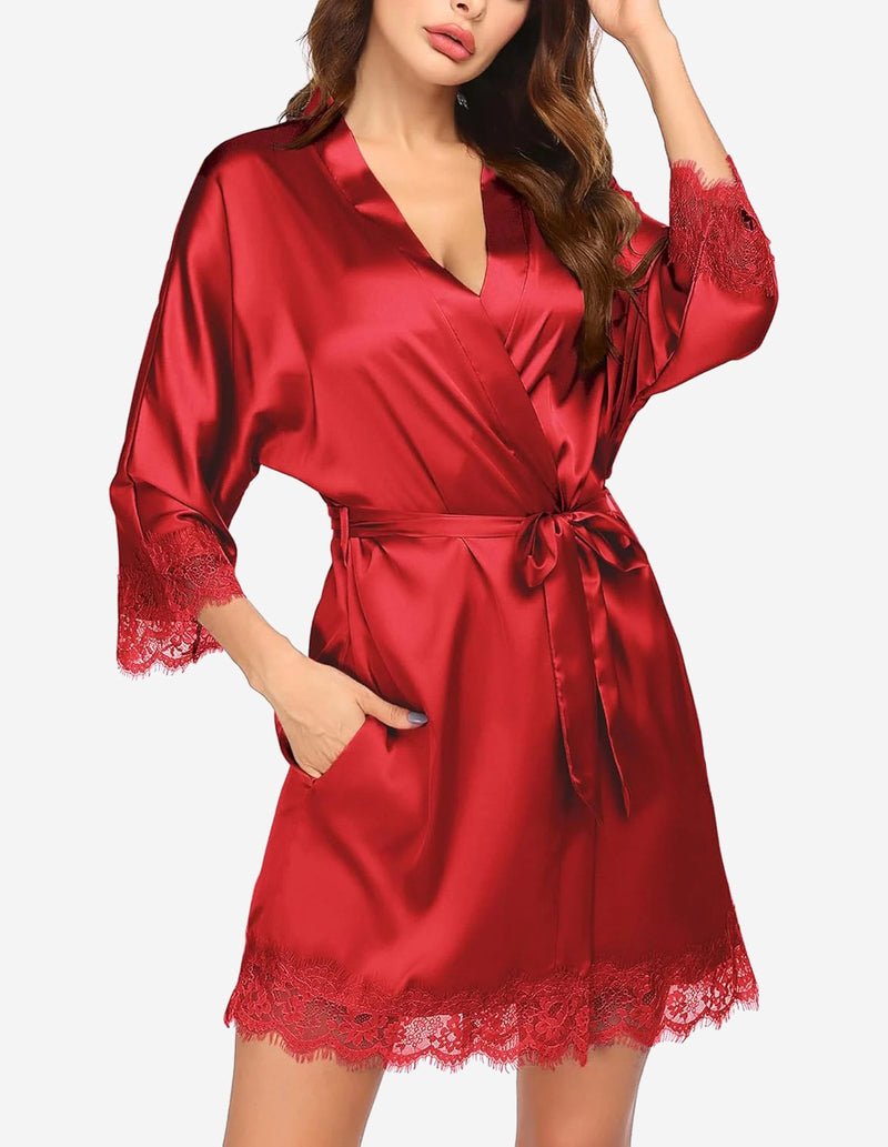 Ekouaer Women's Silk Robe Short Lace Trim Satin Kimono 3/4 Sleeve Sleepwear