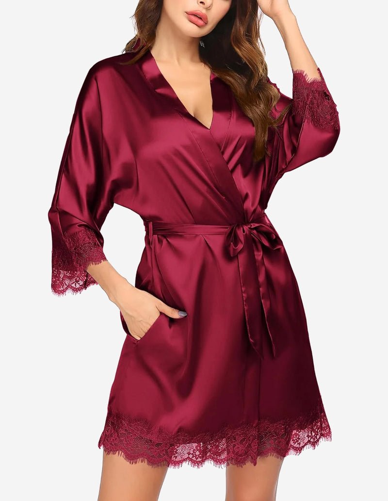 Ekouaer Women's Silk Robe Short Lace Trim Satin Kimono 3/4 Sleeve Sleepwear