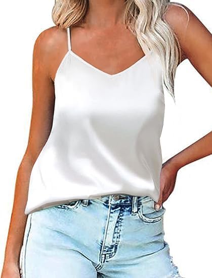 White silk satin V-neck camisole tank top with thin spaghetti straps