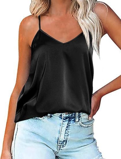 Women's silk satin tank top, black with V-neck and thin spaghetti straps