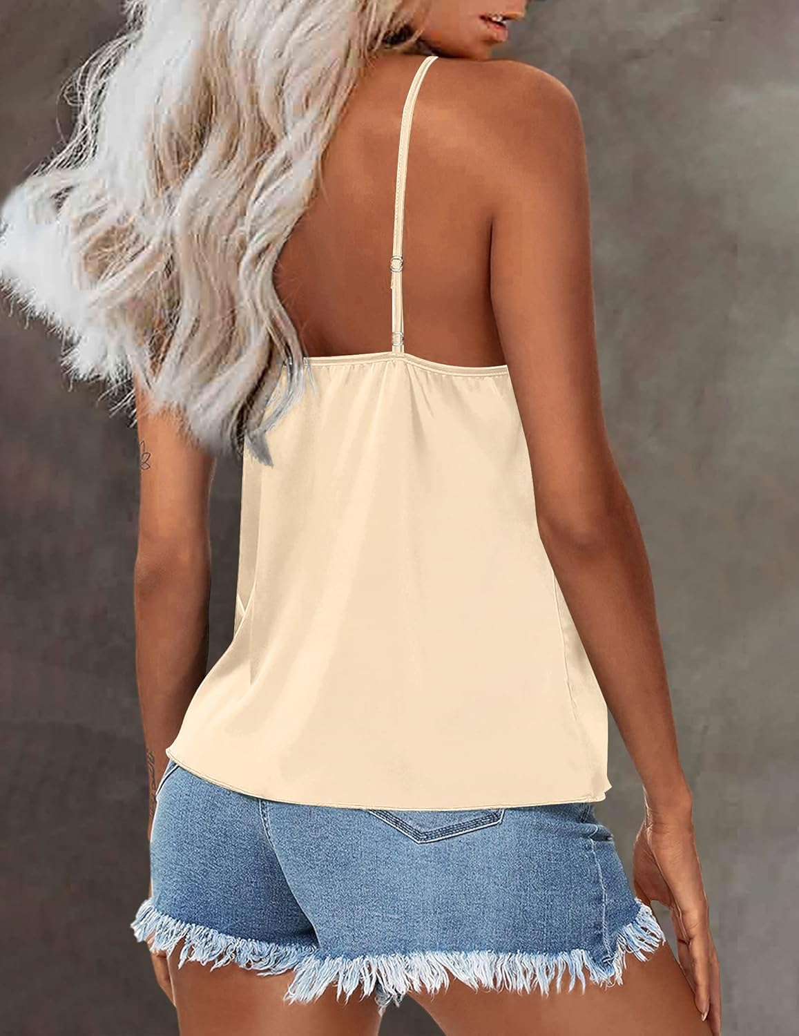 Women's silk satin tank top, light cream with thin straps and gathered front