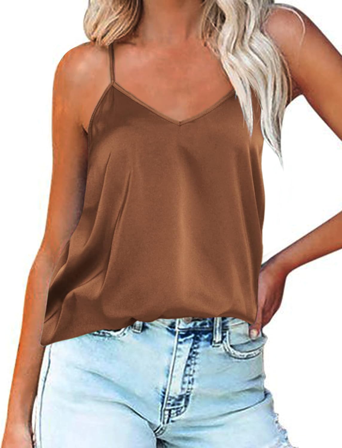 Brown satin tank top with thin spaghetti straps