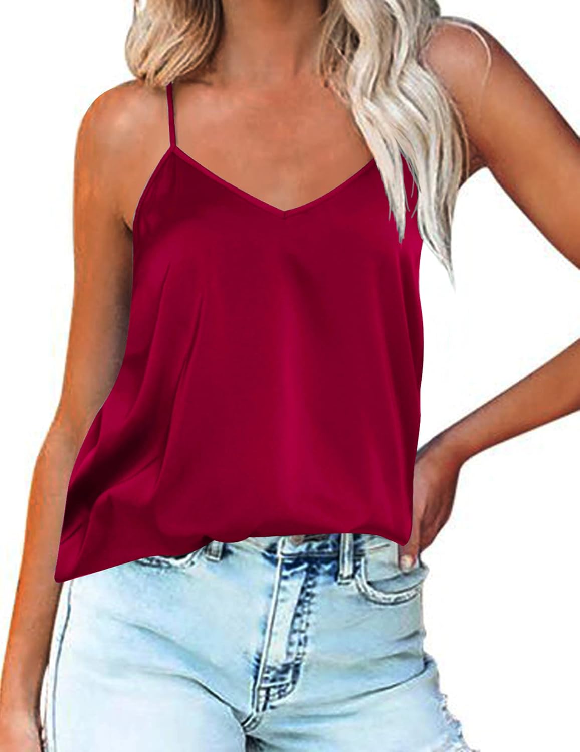 Deep red silk satin tank top with spaghetti straps and V neckline