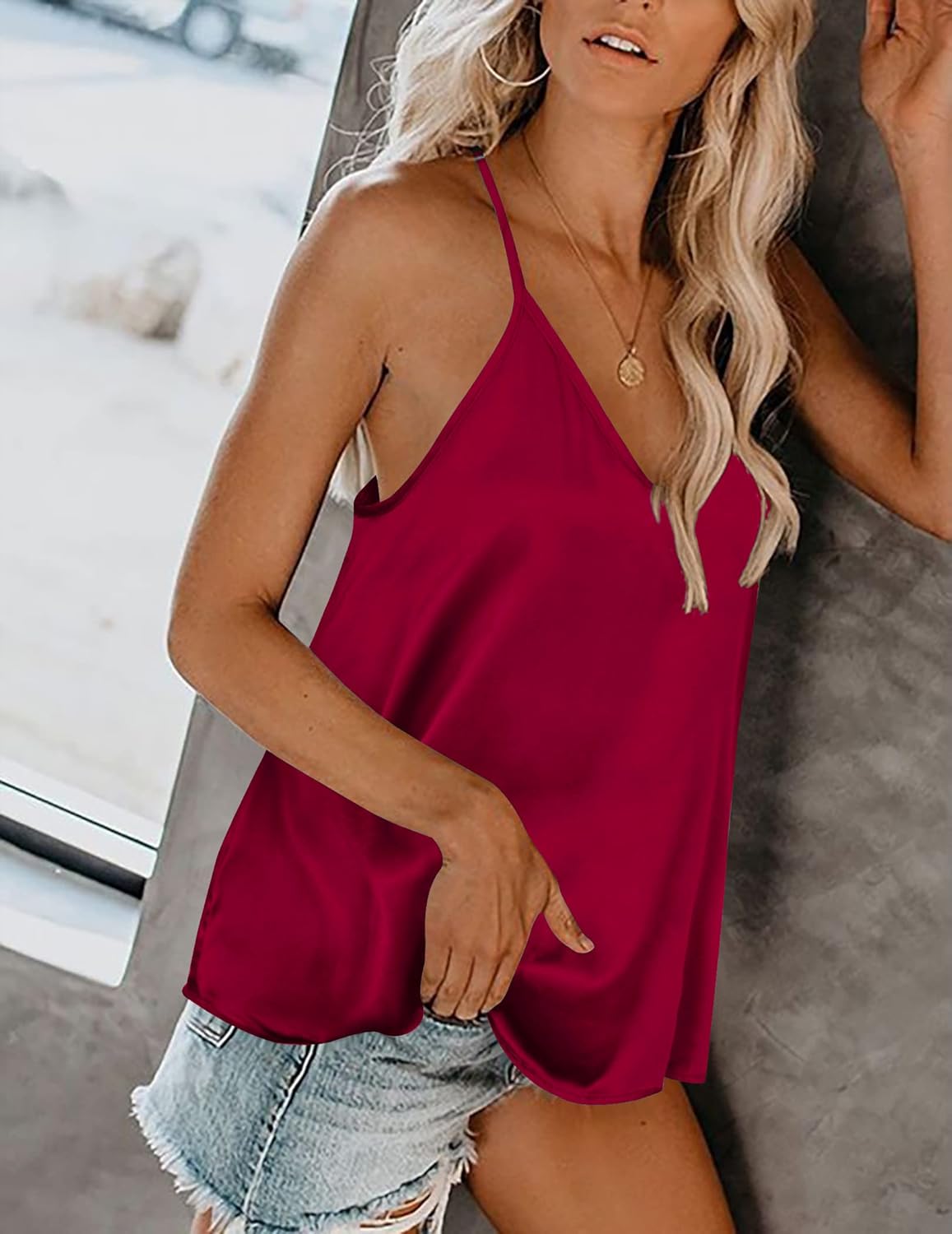 Deep red silk satin tank top with thin straps and relaxed fit
