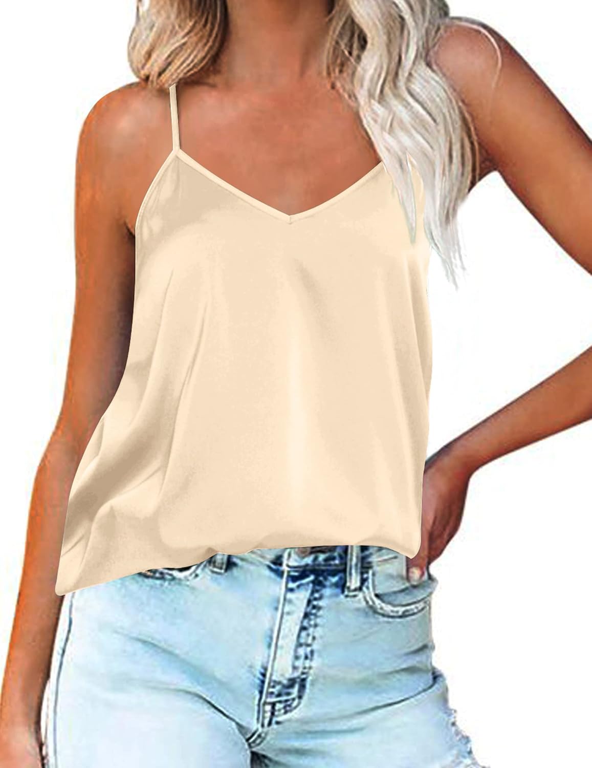 Light beige silk satin tank top with spaghetti straps and V neckline