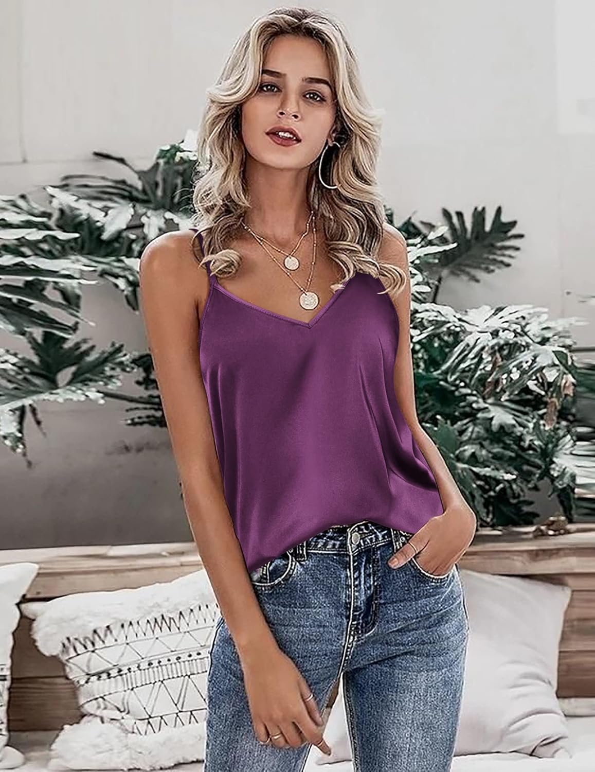 Purple silk satin tank top with thin straps and V neckline