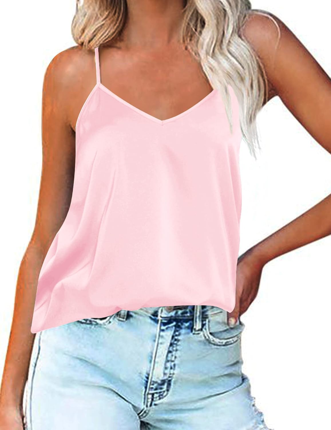 Light pink silk satin V-neck camisole tank top with thin spaghetti straps