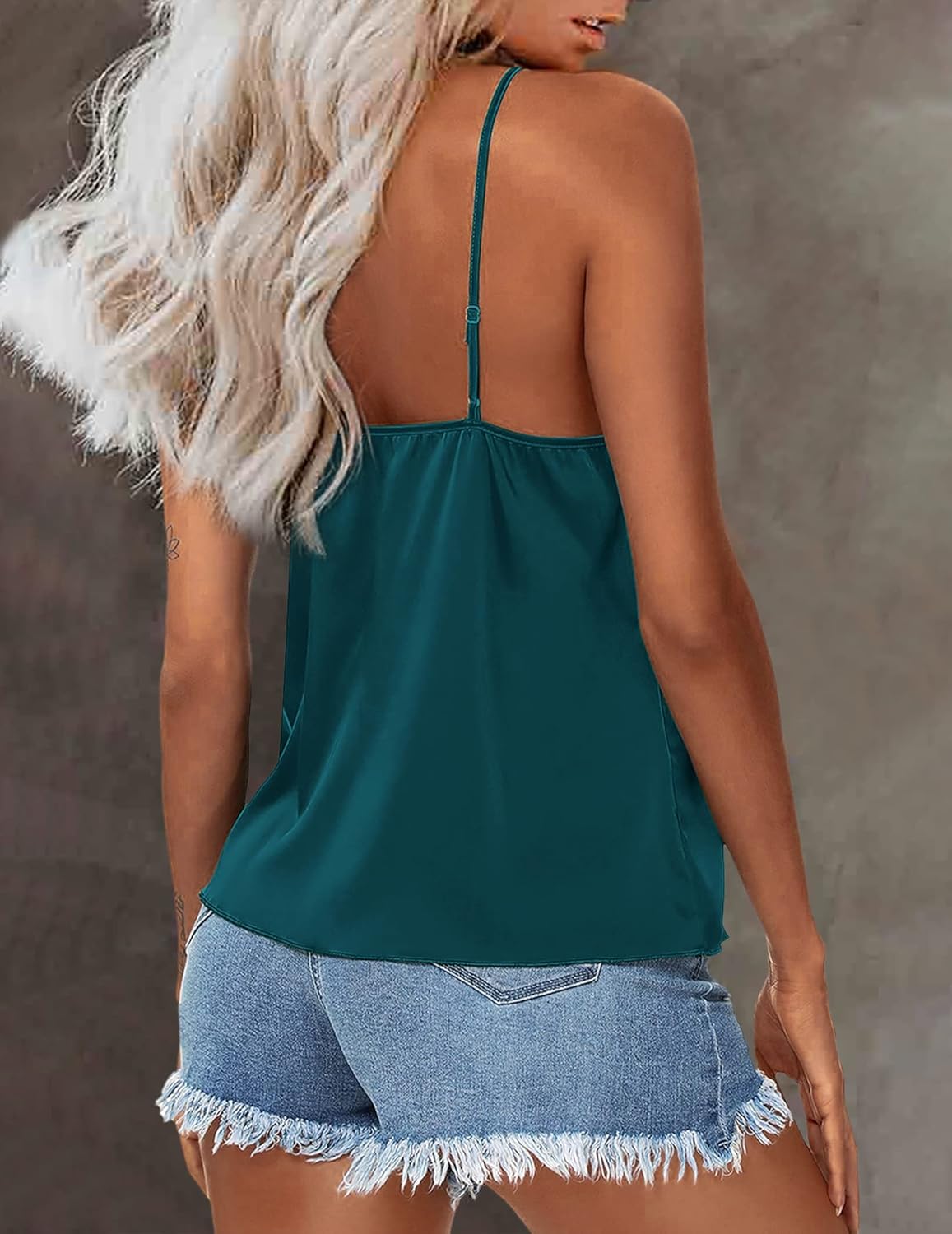 Teal silk satin tank top with back scoop and thin straps