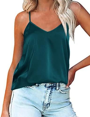 Teal silk satin tank top with V-neck and thin adjustable straps
